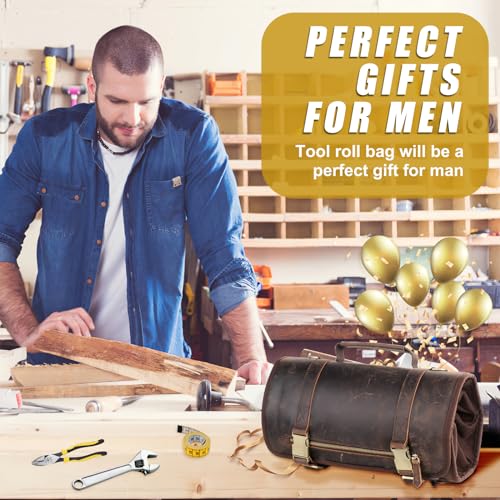 Leather Tool Bag Genuine Leather Tool Roll Bag Rolling Up Tool Bag with 6 Pockets Heavy Duty Roll Up Bag Organizer for Motorcycle Mechanic Electrician Woodworker Hobbyist"