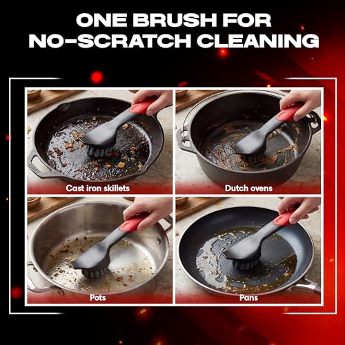 Cast Iron Scrub Brush with Heavy Duty Scraper - Nylon Bristles Dish Scrubber for Pans, Skillets and Woks – Kitchen Cleaner Removes Grime, Grease, Food Build Up - 90058 by Chef Master