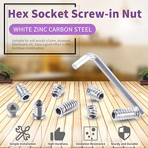 Swpeet 50Pcs 1/4" - 20 x 20mm White Zinc Plated Carbon Steel Carbon Furniture Screw in Nut Threaded Wood Inserts Threaded Inserts Bolt Fastener Connector Hex Socket (1/4" - 20 x 20mm) - size: 1/4" - 20 x 20mm