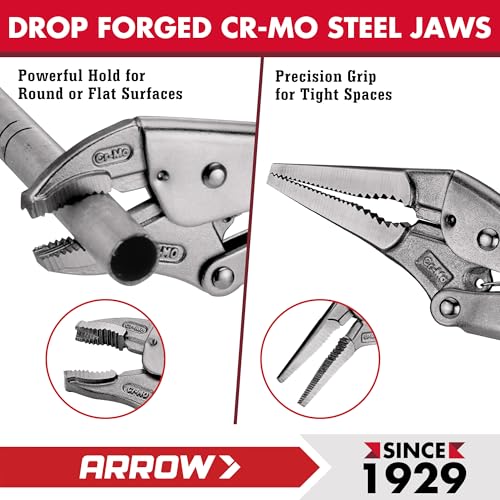 ARROW 3PCS Locking Pliers Set with Long Nose and Curved Jaw | 6.5" Long Nose, 7" & 10" Curved Jaw Locking Pliers, CR-MO Steel, One-Hand Release, Adjustable Screw, Anti-Slip Handle - size: 6.5&7&10inch