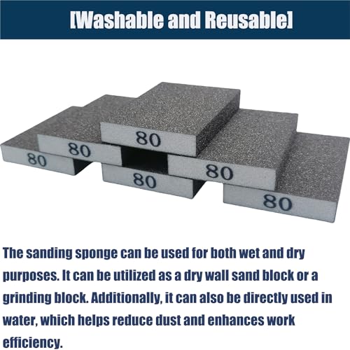 Tonmp 6 PCS 80 Grit Hand Sanding Blocks Set - Medium Sander Sponge, Wet and Dry Dual-use Sanding Sponges, Washable and Reusable, Ideal for Wood Metal Wall Polish - style: 80 Grit