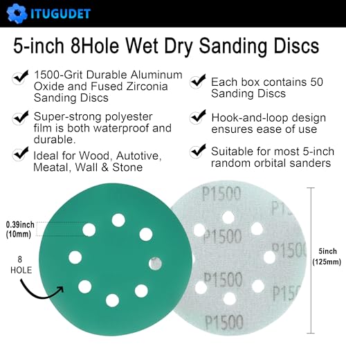 5 Inch 8 Hole P1500 Grit Zirconia Wet Dry Sanding Discs - 50 Pack - size: 1500 Grit