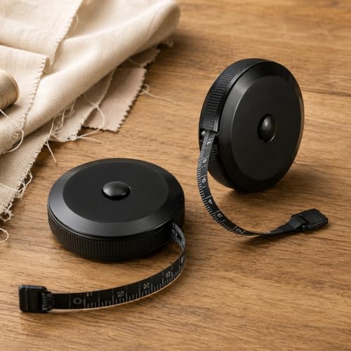 Retractable Soft Tape Measure 2 Pack, Dual Scale for Body Sewing | Black retractable tape with cm/inch scales, 5.2cm diameter, ABS case and PVC tape for sewing and crafting - color: Black