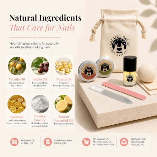 Natural Nail Kit | Nail Buffer and Shine Kit with Cuticle Oil, Nano Glass Nail File, Chamois Cloth, Wool Buffing Ball, Buffing Paste & Finishing Wax for Natural Nails | At Home Manicure - style: Complete kit