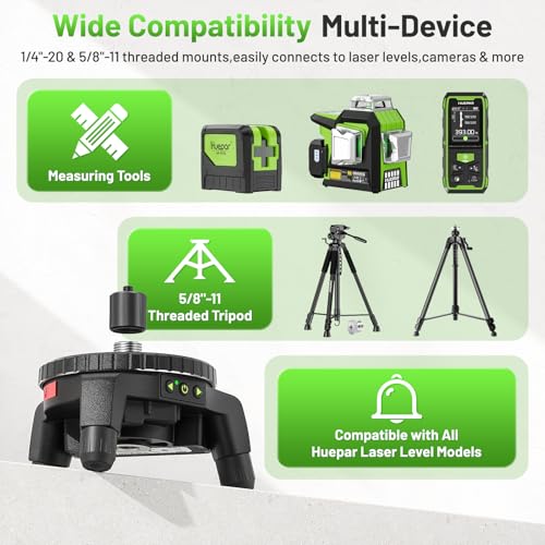 Huepar Electric Rotating Base for Laser Level – Remote Control, Dual-Speed 0.088°/s Fine Adjustment, Adjustable Tripod Legs, 5/8"-11 Thread with 1/4"-20 Adapter, 360° Motorized Turntable