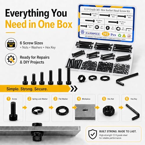 192PCS M5 Screws, M5x25/30/35/40/45/50mm Hex Socket Head Cap Bolts Nuts & Washers Set, 12.9 Grade Alloy Steel, Black Oxide, M5 Screw for Furniture & Repairs - size: M5 192pcs