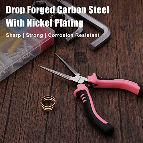 COMOWARE 6-Piece Mini Pliers Set, Needle Nose, Long Nose, Bent Nose, Diagonal, End Cutting and Linesman, for Crafts Work, Electronic Repair, with Pink Pouch - color: Pink
