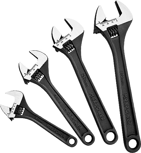 MAXPOWER Adjustable Wrench Set, Forged, Heat Treated, Black Phosphate Finish Adjustable Wrenches, 4 Pack (6-inch, 8-inch, 10-inch, 12-inch) - size: 6“ 8” 10“ 12”