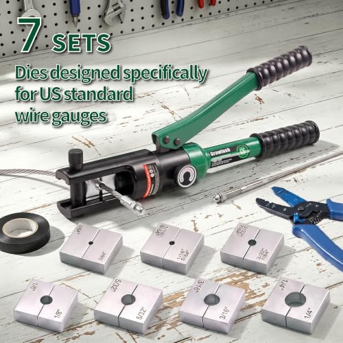 12-Ton Hydraulic Wire Rope Swaging Tool, 7 Dies for 3/64"-1/4" Double Barrel Sleeves Professional Rigging Swager (3/64"-1/4") - size: 3/64"-1/4"