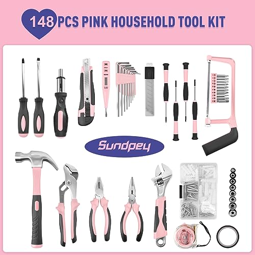 Sundpey 148 Pcs Portable Basic Hand Repair Home Tool Kit Set with Case Pink - color: Pink