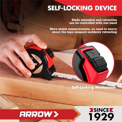 Arrow 25FT Auto-Lock Tape Measure, Easy Read Double Sided Measuring Tape
