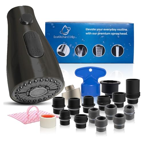EcoKitchen5Stars Pull-Down Kitchen Faucet Head Replacement, 3-Function Sprayer, G1/2 Thread (13/16 in OD) with 15 Adapters, for Standard Threaded Hoses, Not for Magnetic Dock Faucets, Matte Black - color: Matte Black