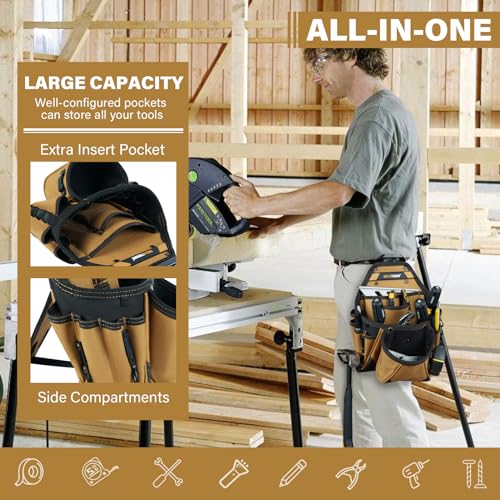 MELOTOUGH Contractor Electrician Tool Pouch - Nail Screw Work Framer Belt With Hammer Loop Clip-on Utility Organizer and Kickstand Back - color: Khaki Tool Pouch