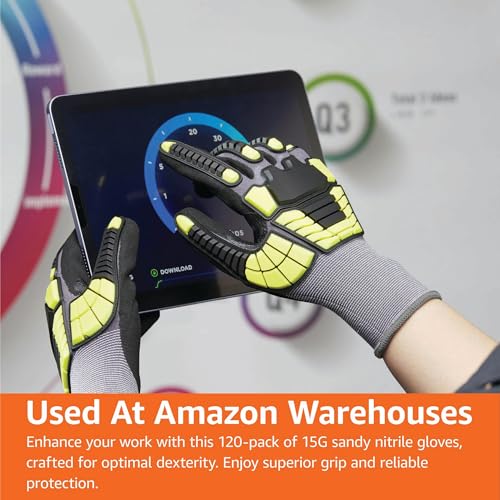 Amazon Basics Safety Work Gloves, Cut Level A1, Abrasion ANSI Level A4, Impact-Resistant, Touch Screen Friendly, 15G Sandy Nitrile Palm, Yellow, Size XXXS, Pack of 120 Pairs - size: 3X-Small