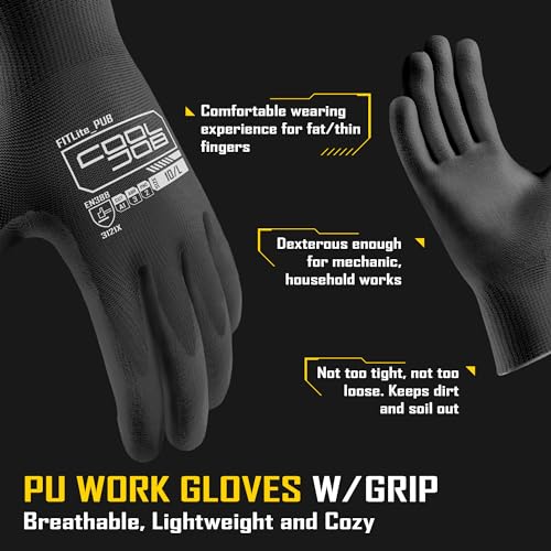 COOLJOB 60 Pairs Safety Work Gloves Pack Bulk with Grip PU Coating - color: Black, size: Medium (Pack of 60)