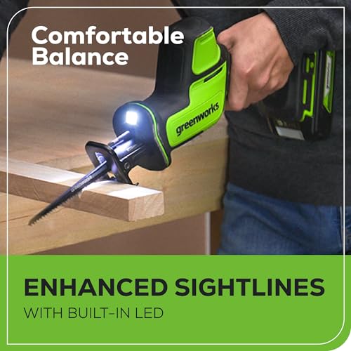 Greenworks 24V Brushless 1" Compact One-Handed Reciprocating Saw (3,000 SPM), Cordless Powered Variable Speed Recip Saw, Battery Not Included - size: Brushless 1" One-Handed Recip Saw, style: Tool Only