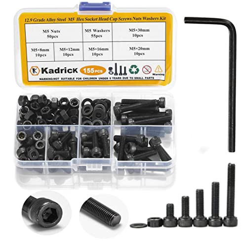 Kadrick Metric Screws Assortment,155 Pcs M5 Screw Kit,Hex Socket Head Cap Bolts, M5*8mm/12mm/16mm/20mm/30mm Screws Nuts and Washers, 12.9 Grade Alloy Steel,Black Zinc Plated,Anti Rust Upgrade - size: M5 155Pcs