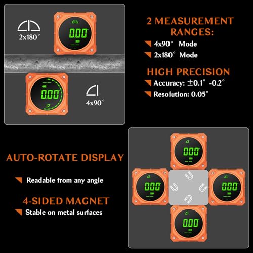 Rechargeable 4-Side Magnetic Digital Angle Finder, 4×90° & 2×180° Electronic Inclinometer Protractor Level Gauge for for Woodwork, Miter Saw, Hanging Frames - size: No laser