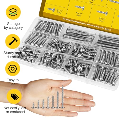 171PCS #8 Self Tapping Screws Assortment Kit, #8 x 1/2",5/8",3/4",1",1-1/4",1-1/2'' Phillips Modified Truss Head Wood Screws, 410 Stainless Steel Sheet Metal Screws for Metal,Plastic,Wood - size: 171pcs #8 Silver