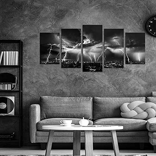 Biuteawal - Black and White Wall Art Nature Lightning Strikes in The Clouds Painting on Canvas Storm and City Night View Picture Print for Home Office Living Room Decoration Wall Decor - size: W50"xH24"