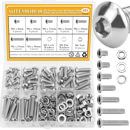 151 Pieces M6 Screws Nuts Washers Set, Sutemribor M6 x 8/10/12/16/20/25/30mm Button Head Socket Cap Screws Nuts Washers Assortment Kit, 304 Stainless Steel, Fully Threaded - size: M6, style: Button Head Socket Cap