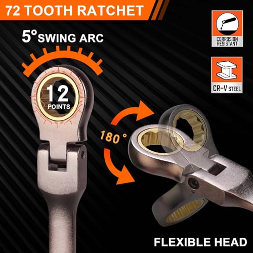 Qnkaa Flexible Ratcheting Wrench Set 12pcs Metric 8-19mm Flex-Head Spanner Gear Ring Ratchet Combination Wrenches Kit with Portable Organizer - style: Metric 12pcs