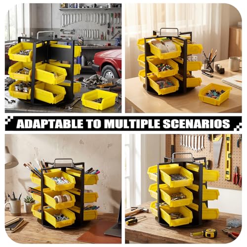 Geelin 12 Bins Rotating Storage Bins Tool Organizer 3 Tiers Hardware Crafts Small Parts, Nuts and Bolts, Revolving Storage for Workshop, Shed, Garage, Home (Yellow)