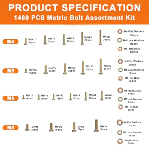 1460PCS Nuts and Bolts Assortment Kit - M4 M5 M6 M8 Grade 8.8 Bolts with Nuts & Washers - Heavy Duty Hex Head Bolts Assortment for Automotive Repair, Machinery, Furniture - Zinc Plated - size: 1460PCS M4 M5 M6 M8
