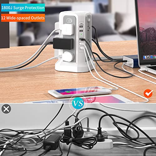 PASSUS Surge Protector Power Strip Tower 10FT (4A1C) with PD18W USB C Port - style: Gray White-4A1C
