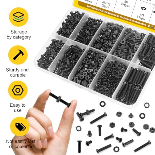 1320pcs M3 Flat Head Screws Assortment Kit, M3x4/6/8/10/12/16/20 mm - size: M3 1320pcs