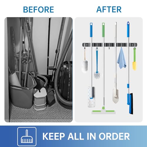 ZONGOOL 2 Pack Mop Broom Holder Wall Mount 4 Racks 5 Hooks Storage Black - color: Black, size: 2Pack 4R5H
