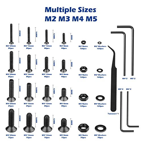 1500Pcs M2 M3 M4 M5 Hex Socket Flat Head Screws Assortment Kit - color: A Black Hex Flat Head Cap Bolts