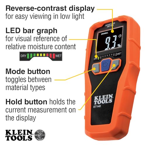 Klein Tools ET140 Pinless Moisture Meter for Non-Destructive Moisture Detection in Drywall, Wood, and Masonry; Detects up to 3/4-Inch Below Surface - style: Moisture Meter