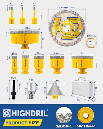 HIGHDRIL 13Pcs Diamond Hole Saw Kit - 1/4", 1/4", 5/16", 4/5", 1", 1-3/8", 2", 3", 4" Drill Bits with 2" Beveling Chamfer Bit, Adapters & Saw Blade for Tile Porcelain Ceramic Granite Marble - size: Kit 3 Thread