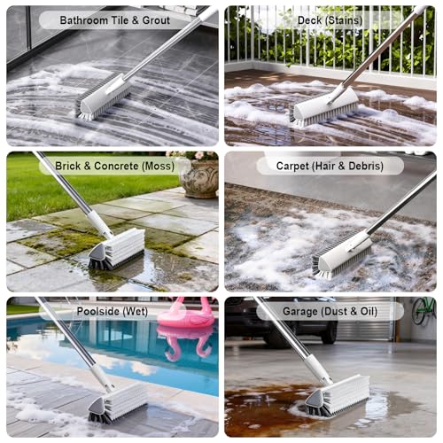 Floor Scrub Brush with Long Handle, Heavy-Duty Stiff Bristles, V-Shape Floor Scrubber Brush for Tile, Concrete & Grout Lines, Stand-Up Cleaning for Garage, Bathroom, Deck & Patio