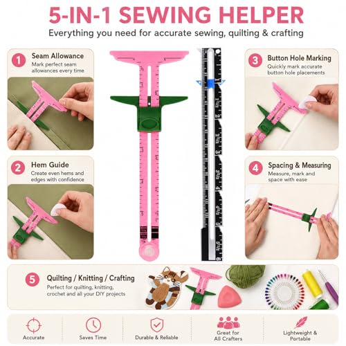 Sewing Gauge Measuring Tool Set, 5-in-1 Sliding Marker & Seam Gauge Ruler | Acrylic T-Shaped Quilting Ruler Set, Essential Sewing & Quilting Tools for Hemming, Buttonhole Marking & Crafting 5Pcs Pink - color: Pink
