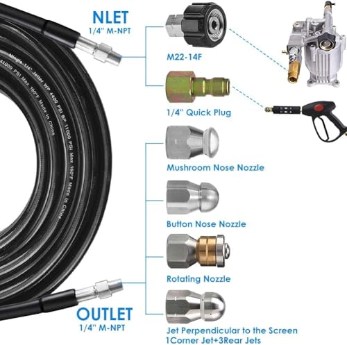 200FT Sewer Jetter Kit for Pressure Washer, 5800PSI Drain Cleaner Hose 1/4 Inch NPT Corner, Rotating and Button Hose Sewer Jetting Nozzle Pearl Corsage Pin Waterproof Tape with 2 Spanner - color: 200FT