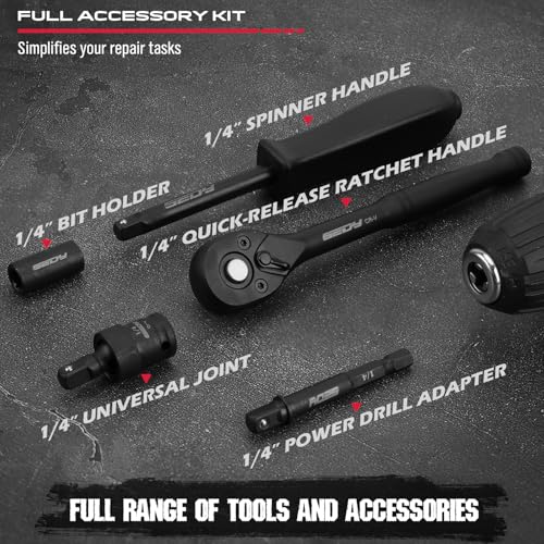 64-Piece 1/4" Drive Impact Socket Wrench Driver-Bits Set, Cr-V Metric&SAE Deep and Shallow Socket Set, S2 Power Bits with Quick-Release Ratchet Handle, Universal Joint, Bit Holder, Power Drill Adapter - style: 1/4" | 64-Piece Socket & Bit Set