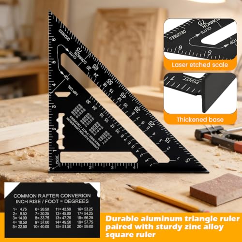 Rafter Square and Combination Square Tool Set, Including 7inch Carpenter-Square Wood Working Tool and Accessories, 12inch Square-Ruler(Color:Black)
