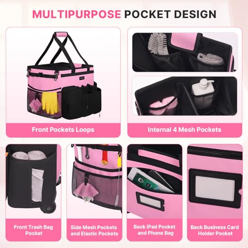 JKAOO Large Rolling Cleaning Caddy Bag with Detachable Trolley, Pink - color: Pink
