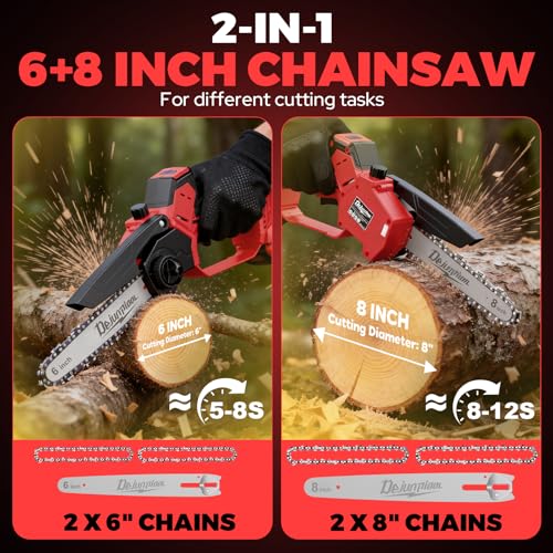 Mini Chainsaw Cordless Compatible with Milwaukee M18 18V Battery (NO Battery), 6 Inch & 8 Inch Small Electric Chainsaw Brushless, 2x 6'' Chains + 2x 8'' Chains, Auto Oiler, Handheld Pruning Chain Saw - color: Red-black