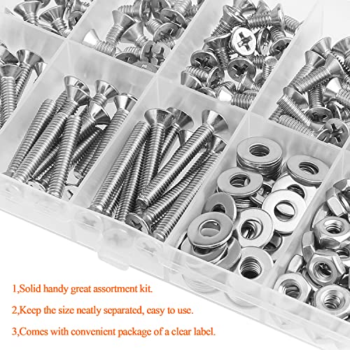 HELIFOUNER 200 Pieces #8-32 Phillips Countersunk Head Machine Screws Nuts Washers Assortment Kit, Coarse Thread, Fully Machine Threaded, 304 Stainless Steel - size: #8-32