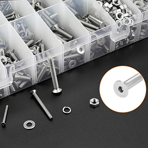 HELIFOUNER 1500 Pieces M2 M3 M4, 304 Stainless Steel Countersunk Head Socket Cap Metric Screws Bolts Washers Nuts Hardware Assortment Kit with Hex Wrenches - style: Countersunk Head