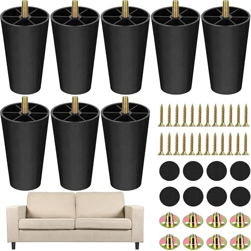 TURSTIN 16 Pack 4 Inch Plastic Furniture Legs with M8 T-Nuts Screws Tapered Sofa Couch and Chair Legs Replacement Furniture Legs for DIY Projects Sofas Coffee Tables Dressers Beds - size: 4 inch