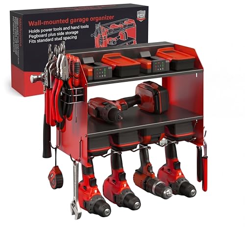 Heavy Duty Power Tool Organizer – 4 Drill Holders, Pegboard, Side Racks – Garage Storage Rack for DIYers – Metal Power Tool Shelf, Easy Install – Red