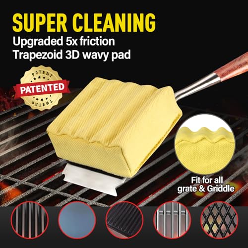 Bristle-Free Steam Cleaning Grill Brush — Features an Extended Luxurious Rosewood Handle and a Unique Wavy pad that Seamlessly fits cast Iron and Stainless Steel grates - color: Aramid Fiber Steam Grill Brush