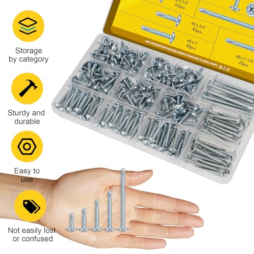 175PCS Self Tapping Screws Assortment Kit, #8 x 1/2'', 3/4'', 1-1/4'', 1'', 2'' Modified Truss Head Sheet Metal Screws,Self Drilling Screw for Metal Wood Plastic,Galvanized Steel - size: 175pcs #8 Blue
