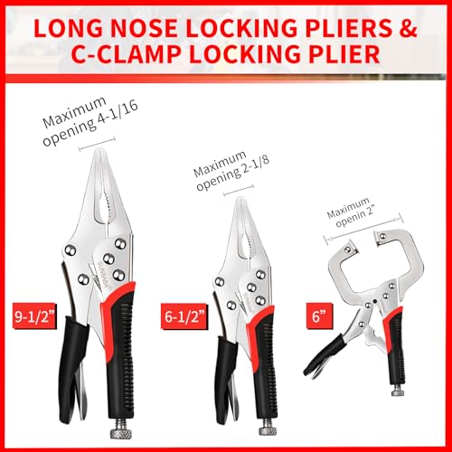 SUNBABA Locking Pliers Set, 6-Piece Vice Grips Pliers Set Long Nose 6-1/2”, 9-1/2” Curved Jaw 5” 7” 10” C-Clamp 6” Adjustable Screw