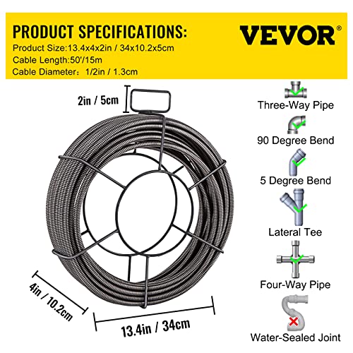 VEVOR Drain Cleaning Cable 50ft x 1/2 inch Solid Core Cable Sewer Cable, Drain Auger Cable Cleaner, Snake Clog Pipe Drain Cleaning Cable W/Four Shapes of Cutters - style: 50Ft x 1/2Inch