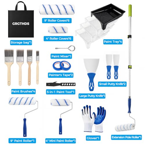 33PCS Paint Roller Kit with 1.7-4FT Extension Pole& Carry Bag,Wall Painting Supplies with 4" & 9" Paint Rollers,Painting Brushes,Tray with Liners,Gloves & Tapes for Walls,Ceilings,Floor,Home Painting